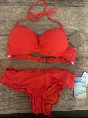 Hobie Red Ruffle Halter Bikini Set
